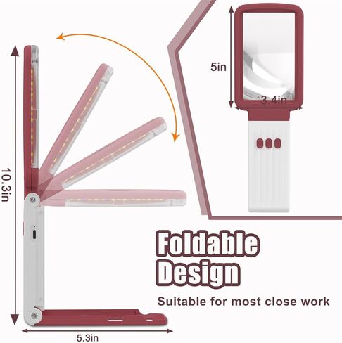 عدسة مكبرة 10X مع ضوء وحامل، عدسة زجاجية حقيقية، عدسة مكبرة محمولة قابلة لإعادة الشحن وقابلة للطي، 3 أوضاع ألوان مكبرة للصفحات المضيئة لقراءة المطبوعات الدقيقة، كبار السن ضعاف الرؤية in Kuwait