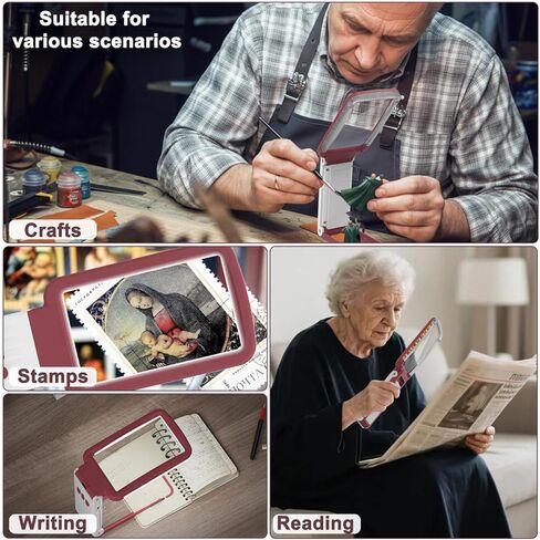 عدسة مكبرة 10X مع ضوء وحامل، عدسة زجاجية حقيقية، عدسة مكبرة محمولة قابلة لإعادة الشحن وقابلة للطي، 3 أوضاع ألوان مكبرة للصفحات المضيئة لقراءة المطبوعات الدقيقة، كبار السن ضعاف الرؤية in Kuwait