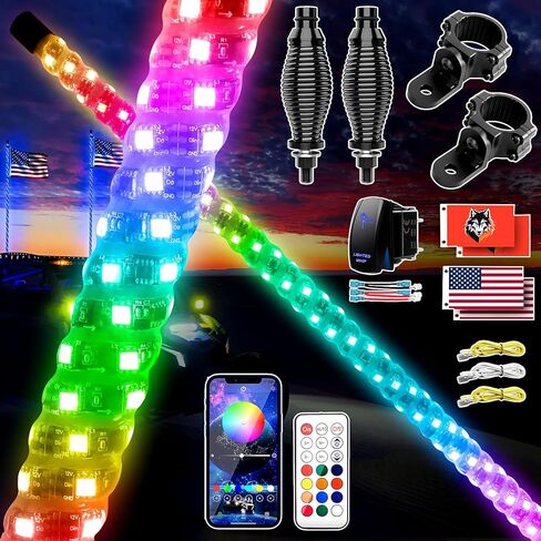 AUDEXEN New Upgraded 2FT RGB Whip Lights with Anti-Fracture Spring Base, Spiral Led Whip Light with App and Remote Control for Jeep UTV ATV Off-Road RZR Polaris Truck Car 4X4 Sand Buggy Dune (2 Pack) in Kuwait