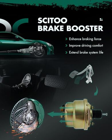 SCITOO Power Brake Booster Universal 7" ثنائي الغشاء الزنك متوافق مع معظم قضبان الشوارع، والقضبان الساخنة، وسيارات العضلات، والشاحنات والشاحنات الصغيرة، OE# AR27807، بدون أسطوانة رئيسية in Kuwait