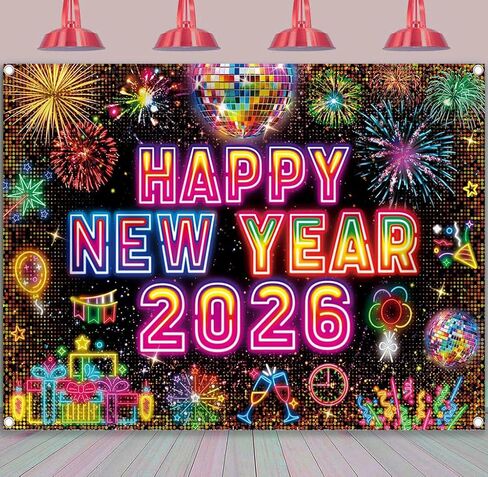 2026 سنة جديدة سعيدة خلفية النيون 2026 ليلة رأس السنة الجديدة خلفية التصوير الفوتوغرافي NYE الملونة الألعاب النارية ليلة رأس السنة زينة الحفلات راية كشك الدعائم (7x5FT (2.1 م × 1.5 م)) in Kuwait