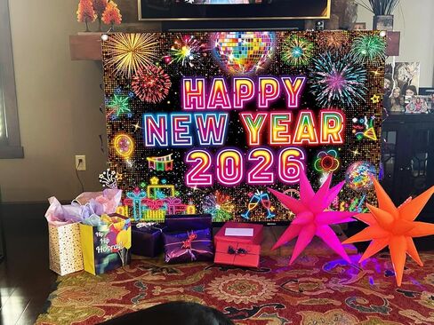2026 سنة جديدة سعيدة خلفية النيون 2026 ليلة رأس السنة الجديدة خلفية التصوير الفوتوغرافي NYE الملونة الألعاب النارية ليلة رأس السنة زينة الحفلات راية كشك الدعائم (7x5FT (2.1 م × 1.5 م)) in Kuwait