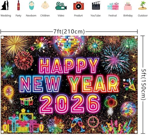 2026 سنة جديدة سعيدة خلفية النيون 2026 ليلة رأس السنة الجديدة خلفية التصوير الفوتوغرافي NYE الملونة الألعاب النارية ليلة رأس السنة زينة الحفلات راية كشك الدعائم (7x5FT (2.1 م × 1.5 م)) in Kuwait