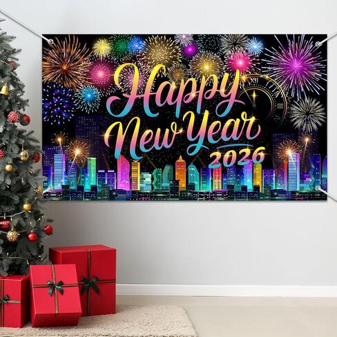 2026 لافتة رأس السنة الجديدة السعيدة، زينة حفلات ليلة رأس السنة الجديدة المتوهجة، 2026 لوازم خلفية كبيرة للجدار المنزلي الداخلي والخارجي، 71 × 43 بوصة (رواية) in Saudi Arabia