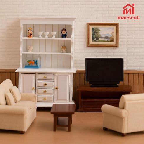 Dollhouse Miniature Cabinet 1/12 Scale Bookshelf Bookcase Cupboard Hutch, Mini Furniture Kitchen Accessories, European Items Living Room Wooden Storage Sideboard Display Showcase Shelves, White in Saudi Arabia