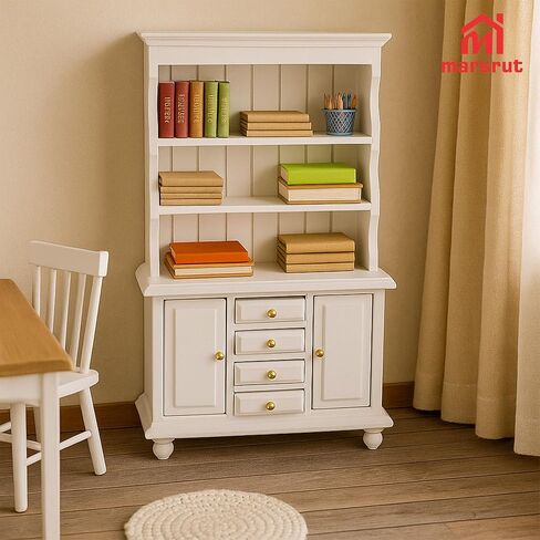 Dollhouse Miniature Cabinet 1/12 Scale Bookshelf Bookcase Cupboard Hutch, Mini Furniture Kitchen Accessories, European Items Living Room Wooden Storage Sideboard Display Showcase Shelves, White in Saudi Arabia