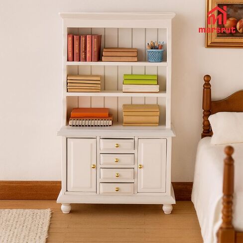 Dollhouse Miniature Cabinet 1/12 Scale Bookshelf Bookcase Cupboard Hutch, Mini Furniture Kitchen Accessories, European Items Living Room Wooden Storage Sideboard Display Showcase Shelves, White in Saudi Arabia