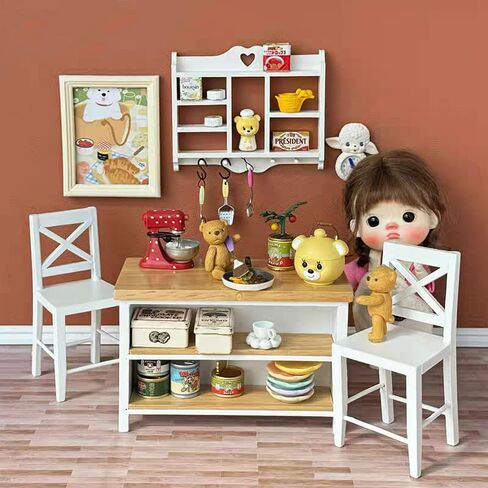 Dollhouse Miniature Kitchen Island 1/12 Scale Wood Counter with Storage Shelves Dining Table Restaurant Pub Bar (Brown) in Saudi Arabia