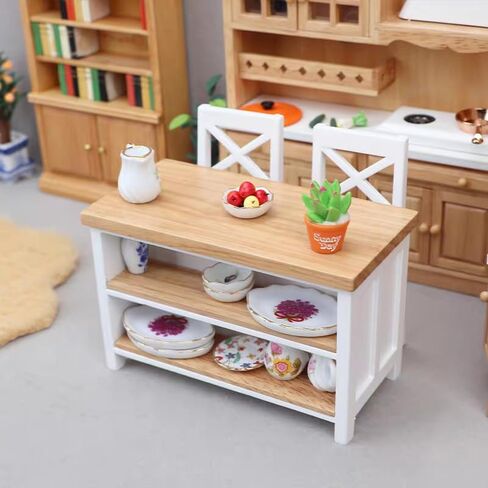 Dollhouse Miniature Kitchen Island 1/12 Scale Wood Counter with Storage Shelves Dining Table Restaurant Pub Bar (Brown) in Saudi Arabia