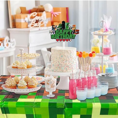 Pixel Craft Gamer Birthday Cake Topper, Glitter Pixel Miner Style Happy Birthday Cake Toppers, Video Game Themed Cake Decorations for Boys & Girls in Kuwait