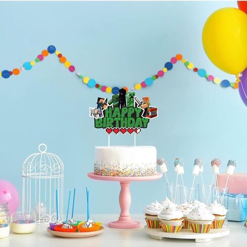 Pixel Craft Gamer Birthday Cake Topper, Glitter Pixel Miner Style Happy Birthday Cake Toppers, Video Game Themed Cake Decorations for Boys & Girls in Kuwait