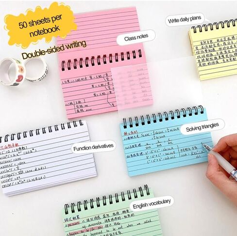 50 Sheets Index Cards, 3"x5" Flash Cards with Waterproof Covers, Tear-off Spiral Bound Pocket Notecards with 5 Colors Ruled Card for School College Office, Ideal for To Do List and Memory Learning in Saudi Arabia