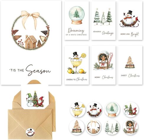 C2U Christmas Cards with Envelopes & Stickers - 24 Pack 4"x6" Rustic Holiday Greeting Card Assortment – 8 Festive Designs with Printed Wishes & Blank Space – Boxed Xmas Cards for Family, Friends & Teachers in Saudi Arabia
