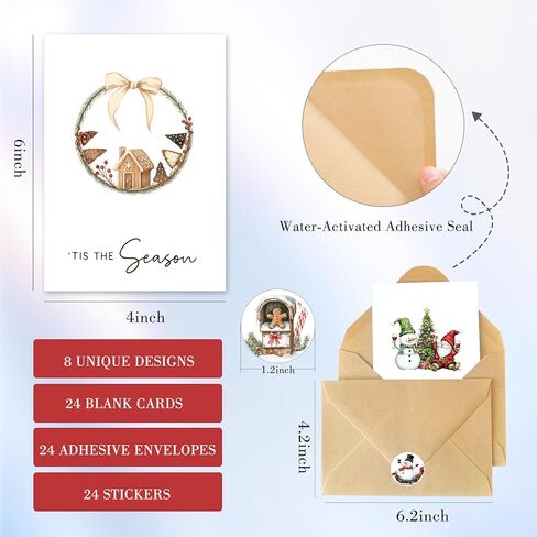 C2U Christmas Cards with Envelopes & Stickers - 24 Pack 4"x6" Rustic Holiday Greeting Card Assortment – 8 Festive Designs with Printed Wishes & Blank Space – Boxed Xmas Cards for Family, Friends & Teachers in Saudi Arabia