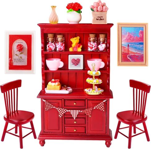 24Pcs Valentines Dollhouse Miniatures Decorations 1:12 Scale Mini Romantic Wooden Bookshelf Furniture Set Tiny Bottles Flowers Chairs Cups Valentine's Day Decor in Saudi Arabia