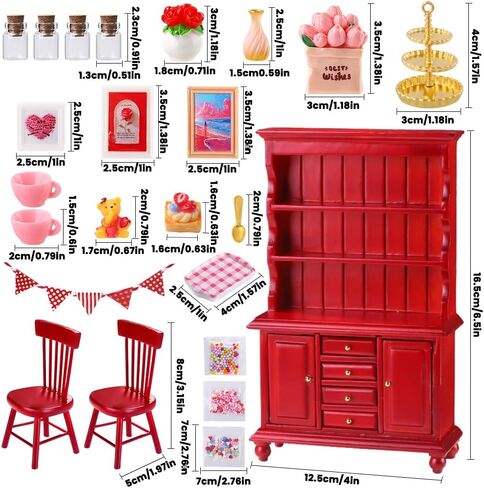 24Pcs Valentines Dollhouse Miniatures Decorations 1:12 Scale Mini Romantic Wooden Bookshelf Furniture Set Tiny Bottles Flowers Chairs Cups Valentine's Day Decor in Saudi Arabia