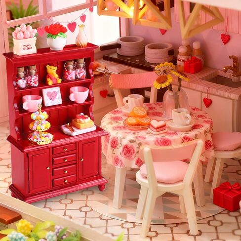 24Pcs Valentines Dollhouse Miniatures Decorations 1:12 Scale Mini Romantic Wooden Bookshelf Furniture Set Tiny Bottles Flowers Chairs Cups Valentine's Day Decor in Saudi Arabia