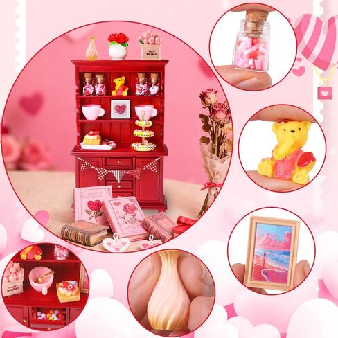 24Pcs Valentines Dollhouse Miniatures Decorations 1:12 Scale Mini Romantic Wooden Bookshelf Furniture Set Tiny Bottles Flowers Chairs Cups Valentine's Day Decor in Saudi Arabia
