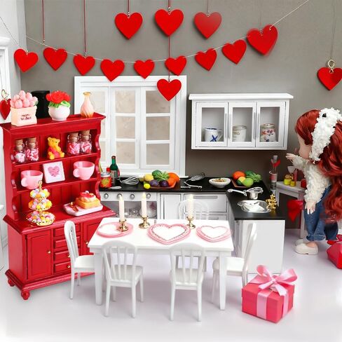 24Pcs Valentines Dollhouse Miniatures Decorations 1:12 Scale Mini Romantic Wooden Bookshelf Furniture Set Tiny Bottles Flowers Chairs Cups Valentine's Day Decor in Saudi Arabia