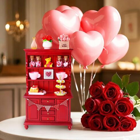 24Pcs Valentines Dollhouse Miniatures Decorations 1:12 Scale Mini Romantic Wooden Bookshelf Furniture Set Tiny Bottles Flowers Chairs Cups Valentine's Day Decor in Saudi Arabia