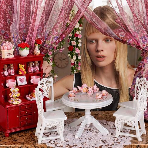 24Pcs Valentines Dollhouse Miniatures Decorations 1:12 Scale Mini Romantic Wooden Bookshelf Furniture Set Tiny Bottles Flowers Chairs Cups Valentine's Day Decor in Saudi Arabia