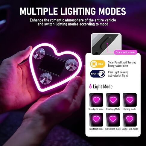 2Pcs Solar Powered Heart Shaped Led Neon Light, Car LED Atmosphere Light with 5 Modes, IP65 Waterproof, for Romantic Car Interior (Pink) in Saudi Arabia