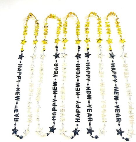 12Pcs Happy New Year Black Gold Silver Beads Necklaces Party Favors New Year New Year's Eve Party Bead Necklaces Decorations in Kuwait