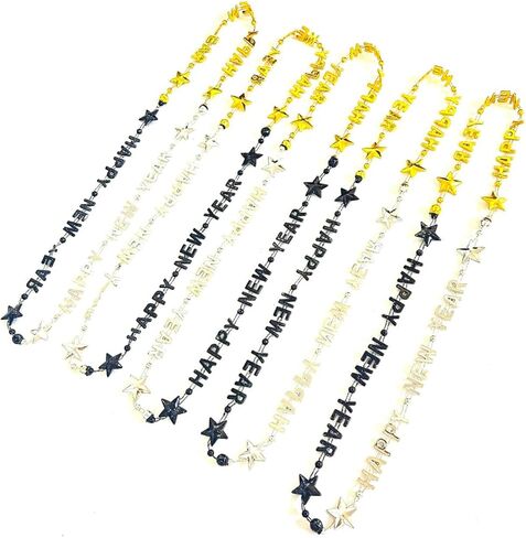 12Pcs Happy New Year Black Gold Silver Beads Necklaces Party Favors New Year New Year's Eve Party Bead Necklaces Decorations in Kuwait
