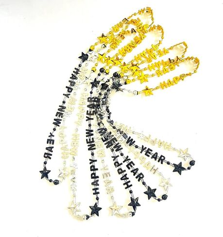 12Pcs Happy New Year Black Gold Silver Beads Necklaces Party Favors New Year New Year's Eve Party Bead Necklaces Decorations in Kuwait