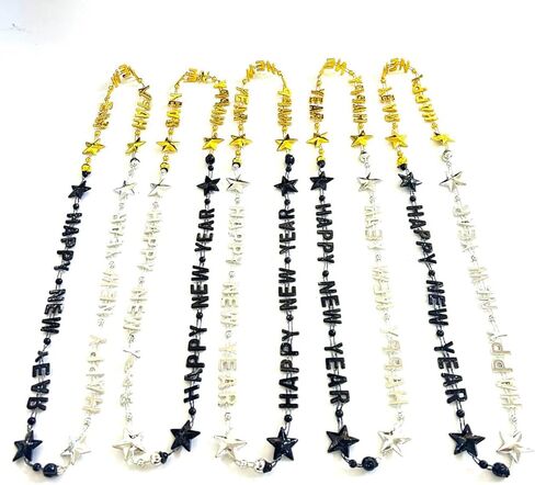 12Pcs Happy New Year Black Gold Silver Beads Necklaces Party Favors New Year New Year's Eve Party Bead Necklaces Decorations in Kuwait