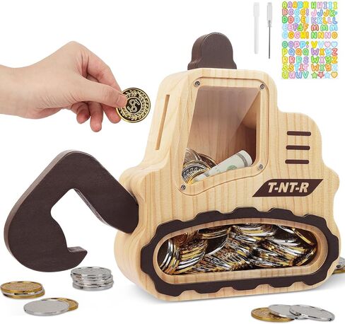 Wooden Piggy Bank for Kids Boys Girls, Personalized Money Bank for Toddlers, Unbreakable Coin Bank, Cute Children Gift for Birthday, Christmas, Thanksgiving, Baby Shower (Excavator) in Saudi Arabia