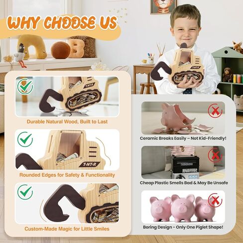 Wooden Piggy Bank for Kids Boys Girls, Personalized Money Bank for Toddlers, Unbreakable Coin Bank, Cute Children Gift for Birthday, Christmas, Thanksgiving, Baby Shower (Excavator) in Saudi Arabia