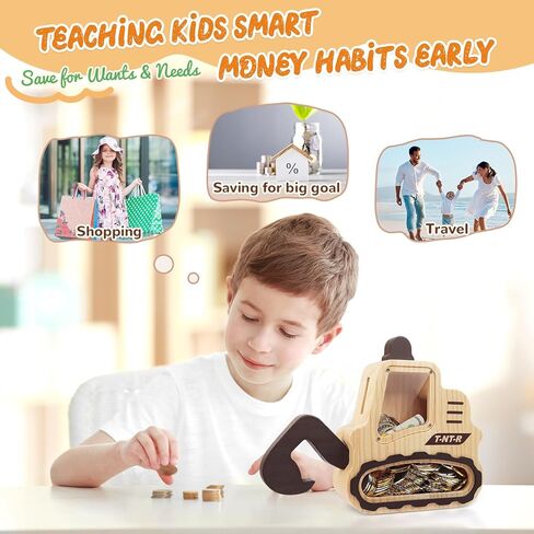 Wooden Piggy Bank for Kids Boys Girls, Personalized Money Bank for Toddlers, Unbreakable Coin Bank, Cute Children Gift for Birthday, Christmas, Thanksgiving, Baby Shower (Excavator) in Saudi Arabia