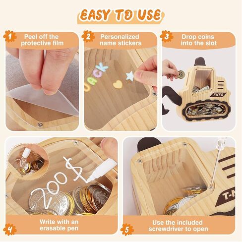 Wooden Piggy Bank for Kids Boys Girls, Personalized Money Bank for Toddlers, Unbreakable Coin Bank, Cute Children Gift for Birthday, Christmas, Thanksgiving, Baby Shower (Excavator) in Saudi Arabia