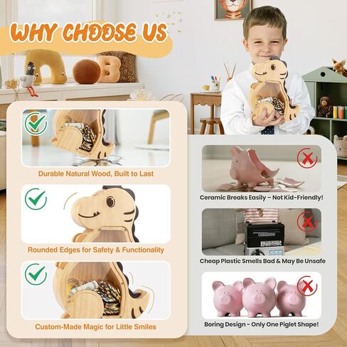 Wooden Piggy Bank for Kids Boys Girls, Personalized Money Bank for Toddlers, Unbreakable Coin Bank, Cute Children Gift for Birthday, Christmas, Thanksgiving, Baby Shower (Excavator) in Saudi Arabia
