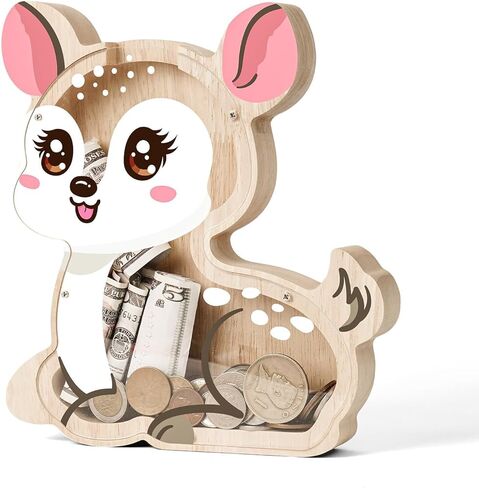 Wooden Deer Piggy Bank for Kids, Cute Sika Deer Money Bank for Boys Girls, Unbreakable Kids Money Box for Boys Girls Toddlers, Large Saving Coin Jar for Home Décor, Birthday in Saudi Arabia