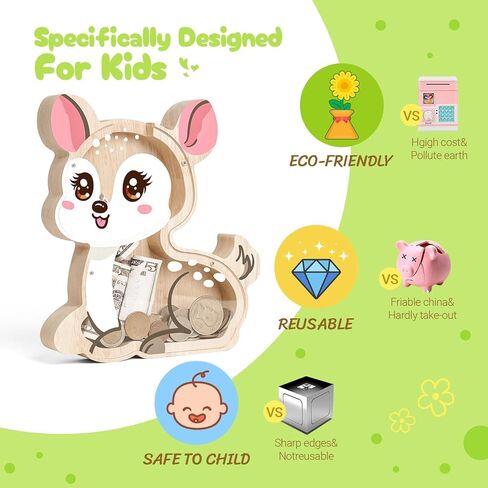 Wooden Deer Piggy Bank for Kids, Cute Sika Deer Money Bank for Boys Girls, Unbreakable Kids Money Box for Boys Girls Toddlers, Large Saving Coin Jar for Home Décor, Birthday in Saudi Arabia