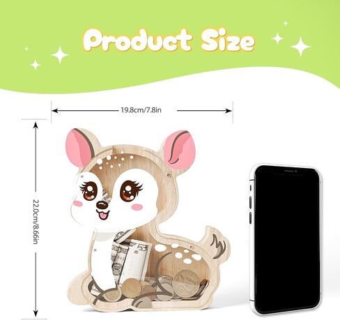Wooden Deer Piggy Bank for Kids, Cute Sika Deer Money Bank for Boys Girls, Unbreakable Kids Money Box for Boys Girls Toddlers, Large Saving Coin Jar for Home Décor, Birthday in Saudi Arabia