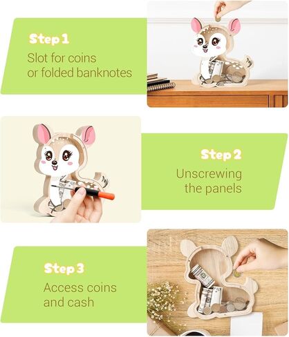 Wooden Deer Piggy Bank for Kids, Cute Sika Deer Money Bank for Boys Girls, Unbreakable Kids Money Box for Boys Girls Toddlers, Large Saving Coin Jar for Home Décor, Birthday in Saudi Arabia