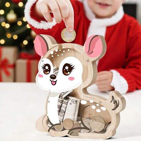 Wooden Deer Piggy Bank for Kids, Cute Sika Deer Money Bank for Boys Girls, Unbreakable Kids Money Box for Boys Girls Toddlers, Large Saving Coin Jar for Home Décor, Birthday in Saudi Arabia
