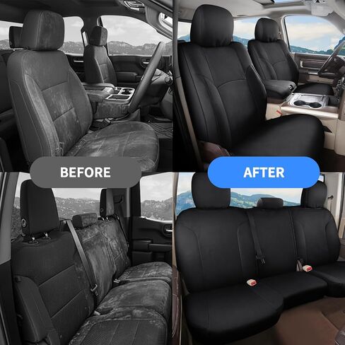 مجموعة كاملة من أغطية مقاعد القماش المقاومة للماء Coverado Chevy Silverado، تناسب Silverado GMC Sierra 2007-2013 & 2019-2025 1500، 2020-2025 2500HD 3500HD Crew Double Extended Cab (أمامي مسطح وخلفي مسطح، أسود) in Saudi Arabia