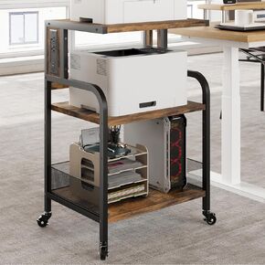 GAOMON Printer Stand, Large Printer Table with Power Outlets and USB Ports, Mobile Printer Stand, 3 Tier Rolling Printer Cart with Adjustable Storage Shelf for Home Office Living, Rustic Black