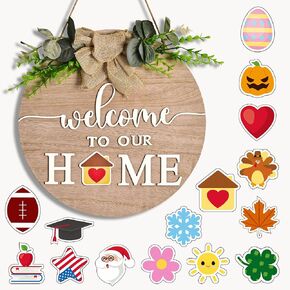 Presence Interchangeable Welcome Sign for Front Door, Decor for Farmhouse Porch, Front Door Wreaths decoration, Wooden Hanging Housewarming Christmas Holiday Decor for Home Outdoor Indoor in Saudi Arabia