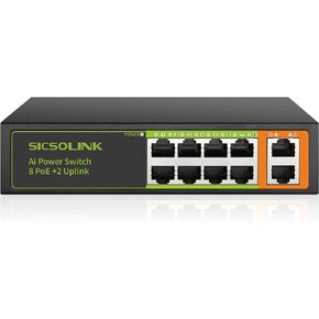SICSOLINK AI Smart 10 Ports PoE+ Switch,2 Uplink,802.3af/at,120W Total Power, 100Mbps,Extend to 250Meter,Unmanaged,Plug & Play,Suitable for IP Cameras,Networking Devices & Home Office.