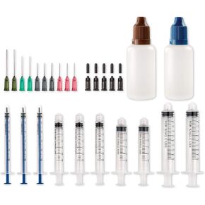 مجموعة إبر ذات طرف حاد لحقنة يدوية مجانية - (10 محاقن، 10 إبر، 10 أغطية وزجاجتي تخزين) - لإعادة تعبئة وقياس السوائل أو أداة وضع الزيت أو الغراء in Kuwait