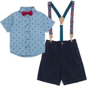 Marvel Spider-Man Little Boys Button Down Shirt Twill Shorts Suspenders and Bow-Tie 4 Piece Outfit Set Blue 6