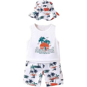 Floerns Toddler Boy's 3 Piece Outfit Tropical Print Tank Top Beach Shorts Set with Hat