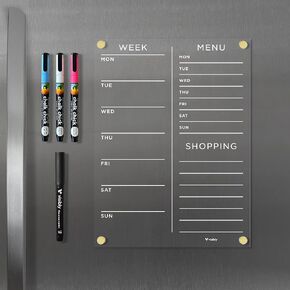 Magnetic Acrylic Week, Menu & Shopping List for Fridge, Includes 4 magnetic wet-erase markers for Refrigerator, 9" X 12".