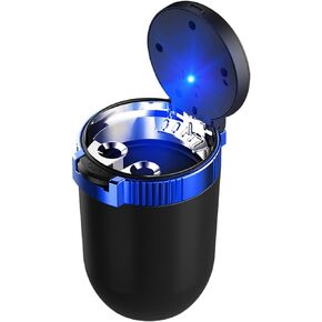 povtii Car Ashtray with Lid, Detachable Stainless Steel Smokeless Ashtray with LED Blue Light, Portable Mini Windproof Automotive Trash Can for Cigarette, Car Accessories (Silver)