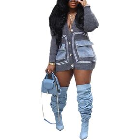 Molisry Women Cardigan Sweater Long Sleeve Denim Pockets Patchwork Button Down Casual Open Front Fall Winter